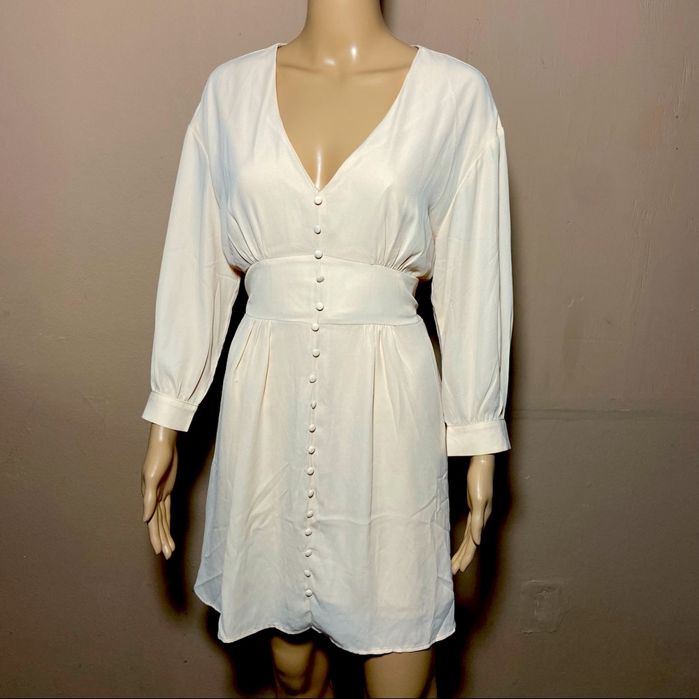 V-Neck Puff Long Sleeve Midi Beige Dress